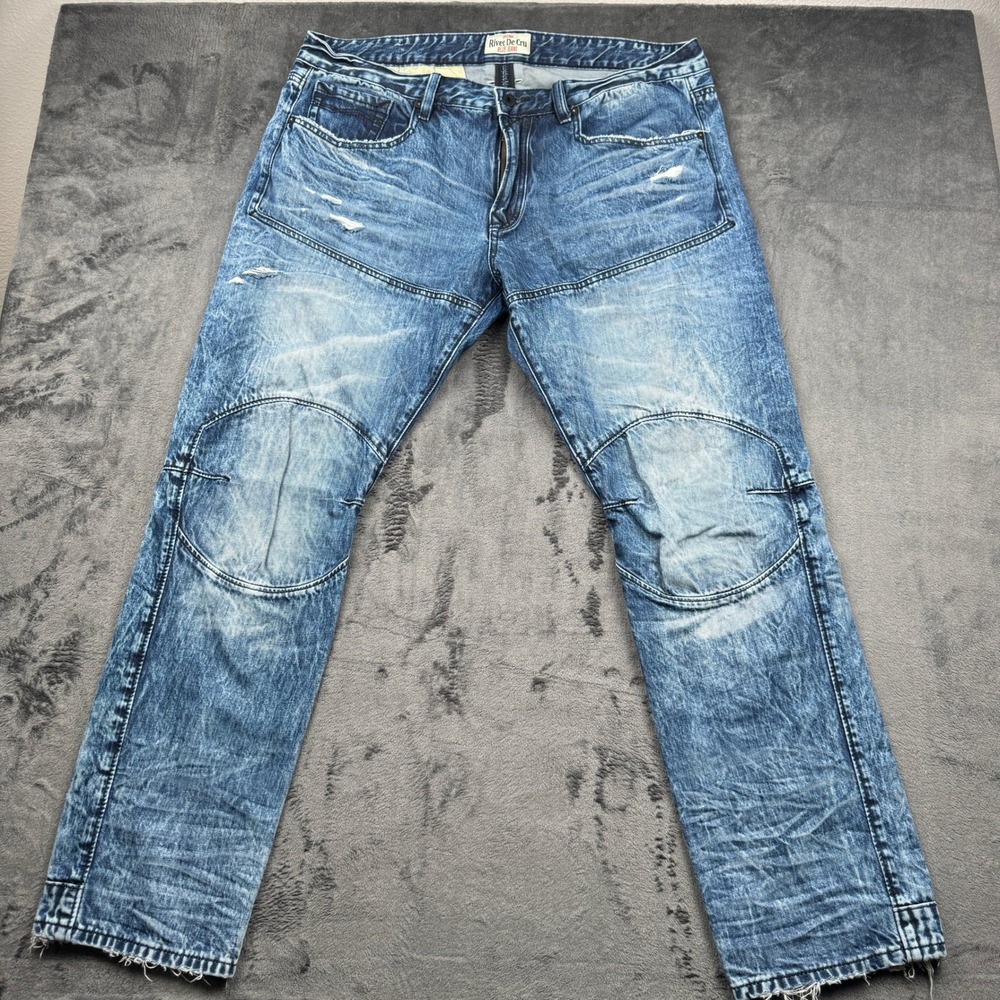 Rivet De Cru Moto Biker Fit Knee Pad Jeans W40 L32 Tapered Acid Wash 150-162T